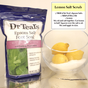 A bag of Dr Teal's Epsom Salt Foot Soak with Cooling Peppermint sits next to fresh lemons and a homemade lemon salt scrub recipe card.