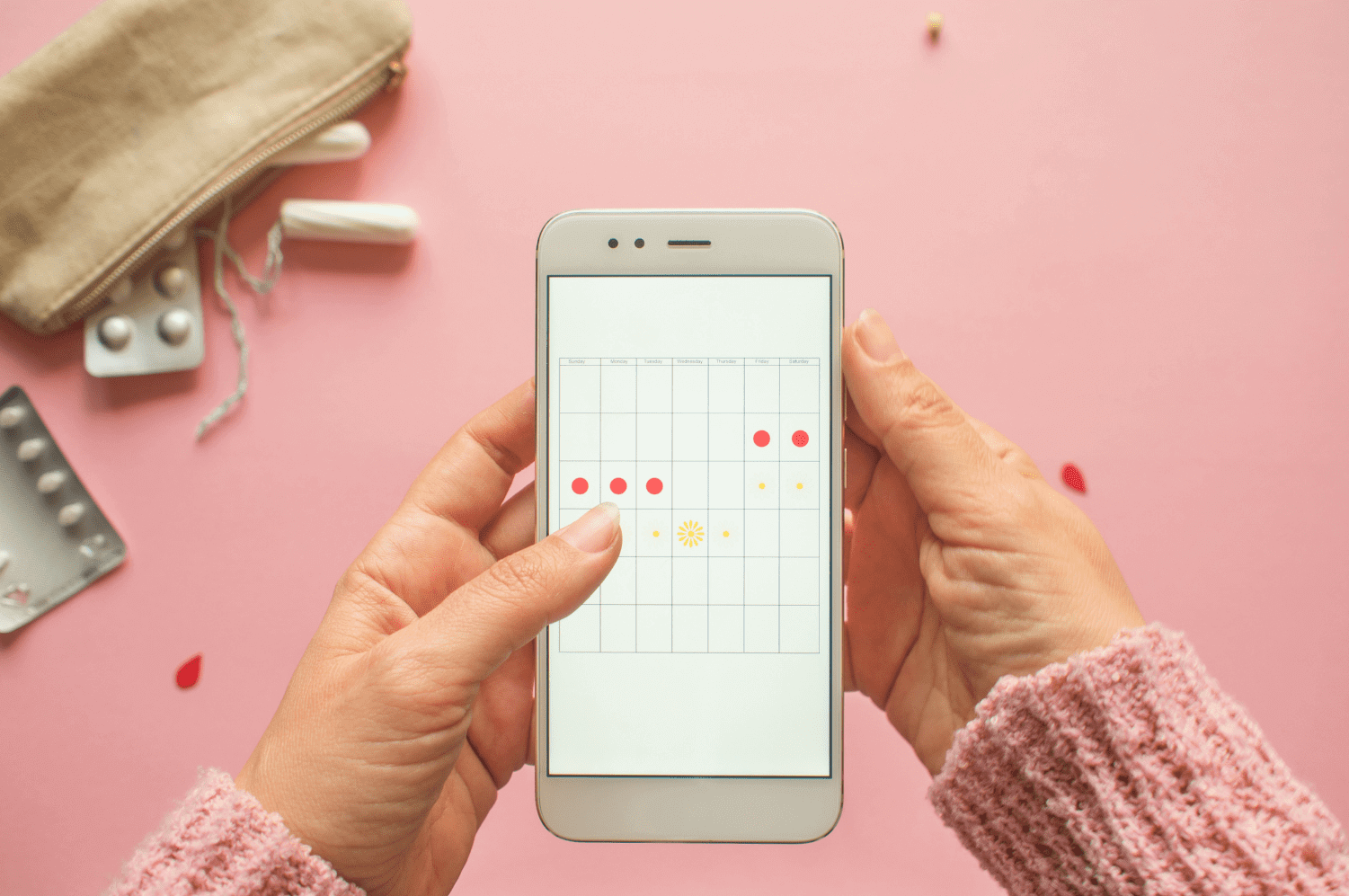 Person holding a smartphone displaying a menstrual cycle tracker with red and yellow dots marking cycle days against a pink background.