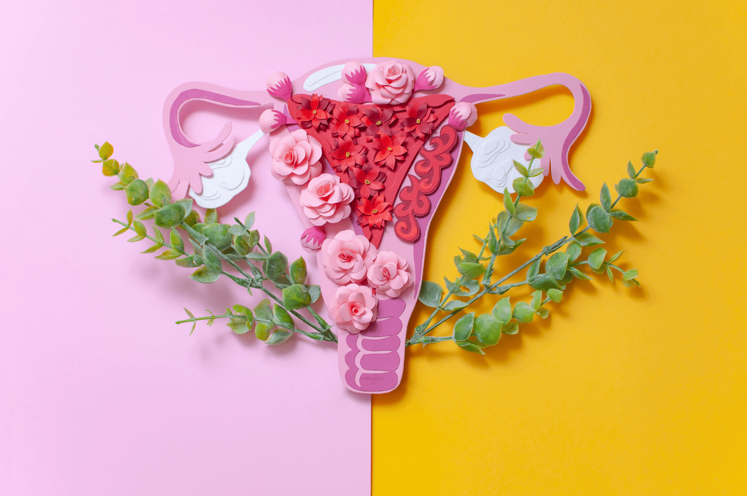 Anatomical uterus illustration decorated with layered pink and red paper flowers and green foliage against a split pink and yellow background.