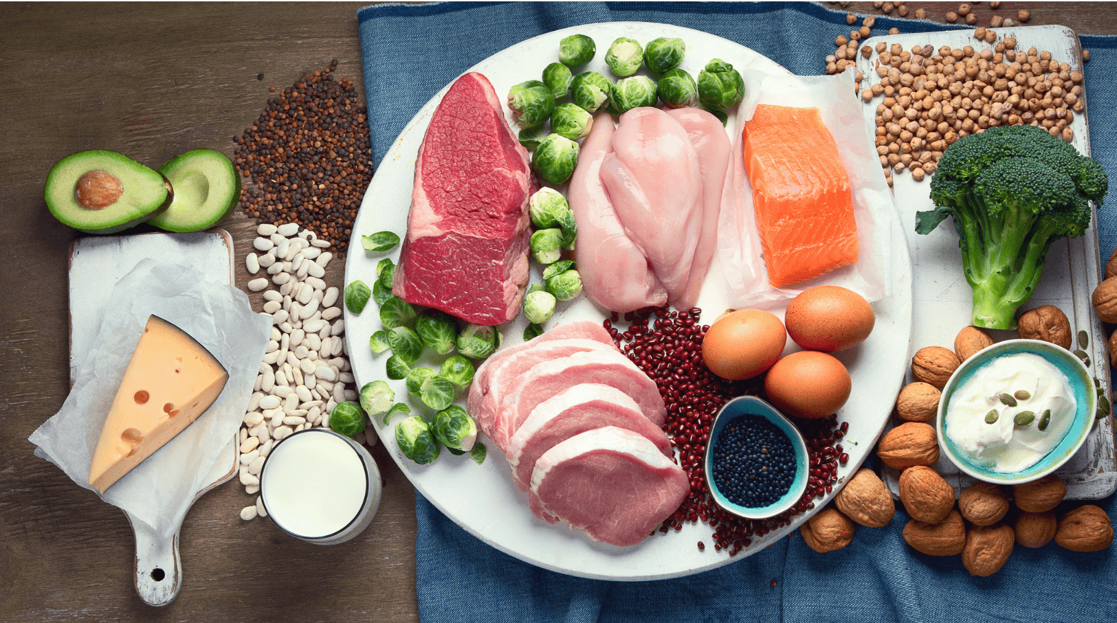 A balanced array of nutrient-dense foods including lean meats, fatty fish, eggs, vegetables, legumes, nuts, seeds, dairy, and berries arranged on a white plate and wooden surface.