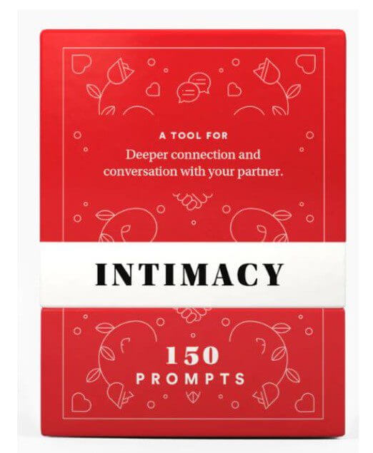 Red box labeled INTIMACY with white band, containing 150 prompts for deeper connection and conversation.