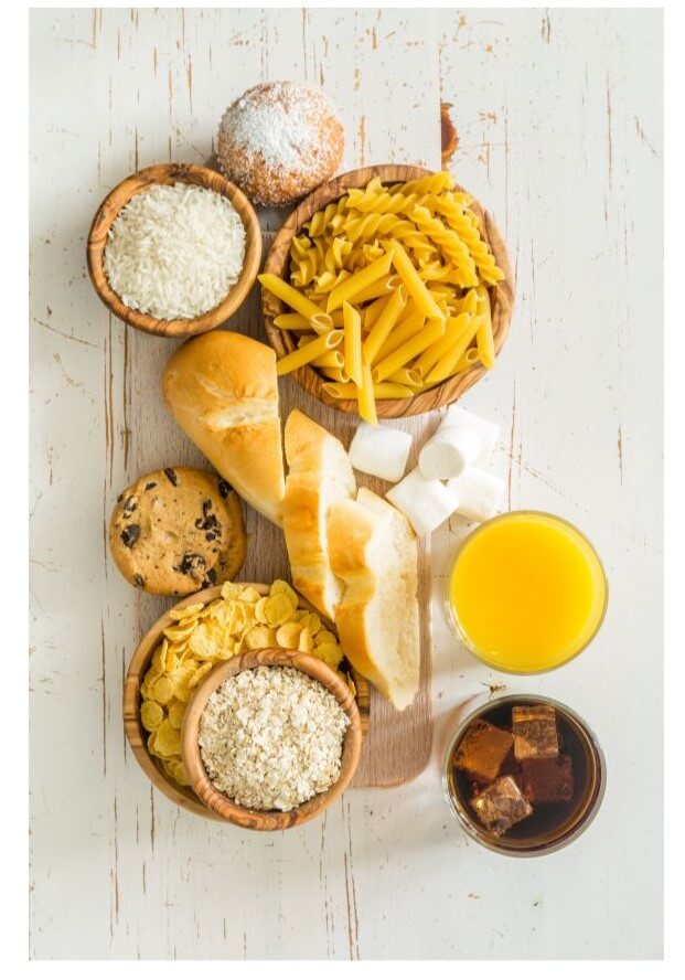 Overhead arrangement of refined carbohydrates and sugary foods including pasta, white rice, bread, cookies, cereal, juice, and chocolate syrup on a white wooden surface.