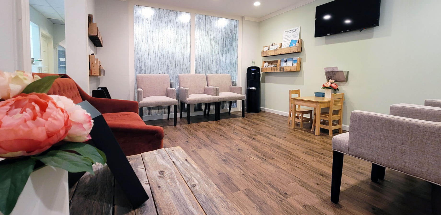 Interior waiting room of hol+ johns creek functional medicine office