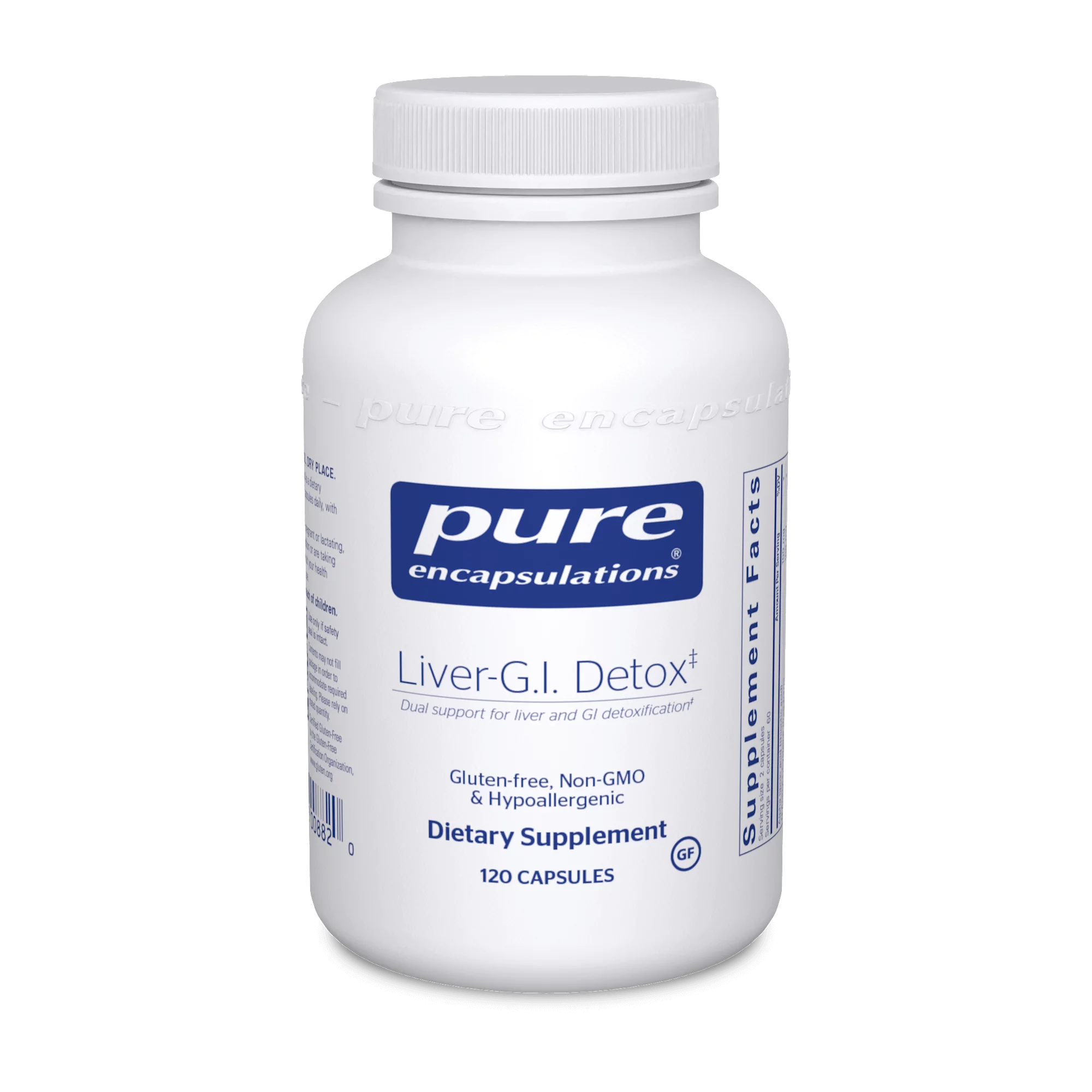A white bottle of Pure Encapsulations Liver-G.I. Detox, a gluten-free, non-GMO, and hypoallergenic dietary supplement containing 120 capsules.