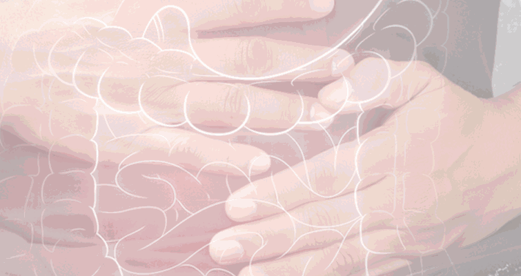 A person holding their stomach with both hands, indicating discomfort or digestive issues.