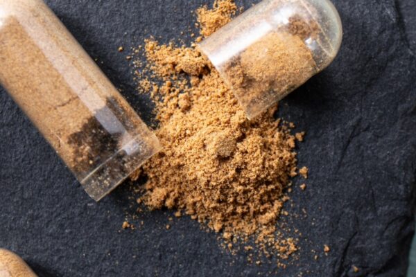 Close-up of capsules filled with brown powder, showcasing their texture and color against a neutral background.