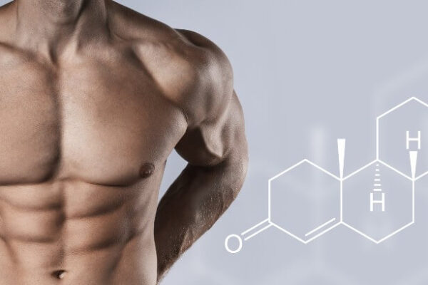 A shirtless man stands next to a large chemical molecule, emphasizing a connection between biology and chemistry.