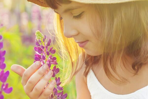 A woman in a field gently smells colorful flowers, surrounded by greenery and bright sunlight.