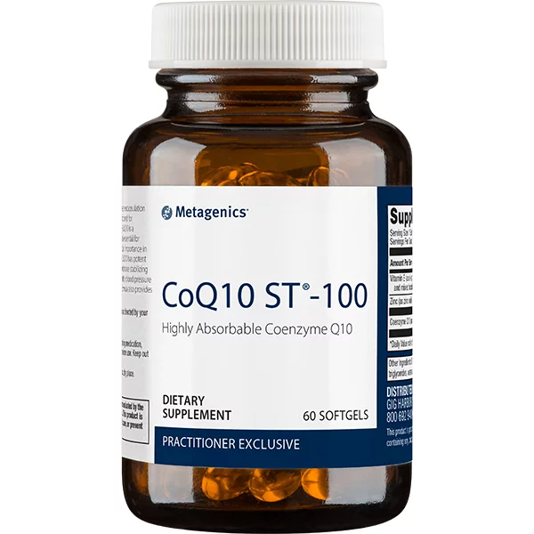 Brown glass bottle containing softgel dietary supplements labeled "CoQ10 ST-100" with a white screw-on lid.