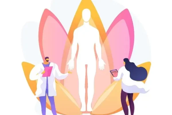 A doctor and patient stand beside a lotus flower, symbolizing healing at Integrative Medicine in Peachtree City and Fayetteville, GA.