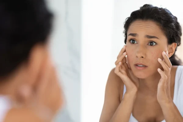 A woman examines her face in the mirror, reflecting concerns about dry skin and omega-3 deficiency signs.
