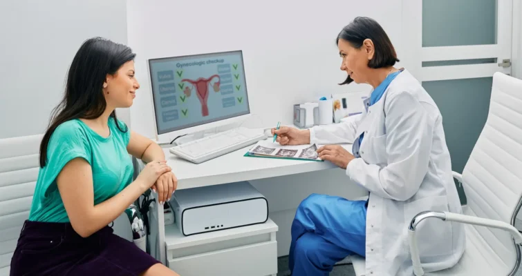 A woman consults a doctor in an office, discussing potential misdiagnosed illnesses.