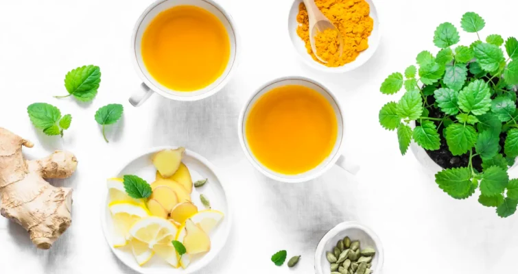Healthy tea ingredients including turmeric, ginger, and honey, highlighting turmeric's anti-inflammatory benefits.