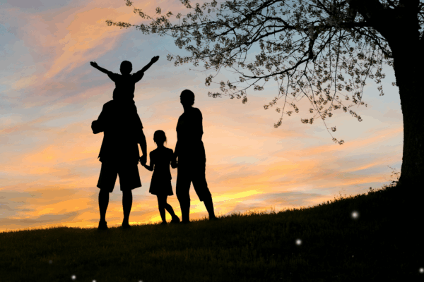A family silhouette stands together against a vibrant sunset, symbolizing unity and health across generations.