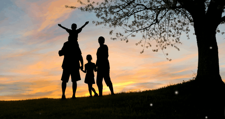 A family silhouette stands together against a vibrant sunset, symbolizing unity and health across generations.