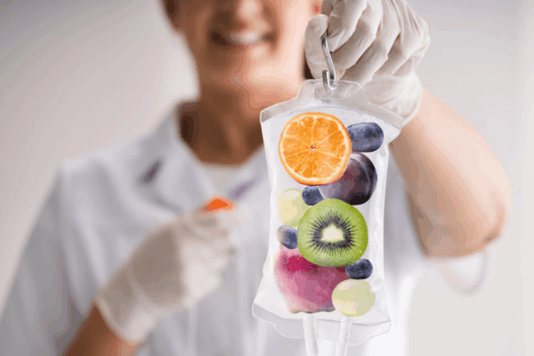 A woman holding a bag of assorted fruits, symbolizing health and wellness in the context of IV therapy discussions.