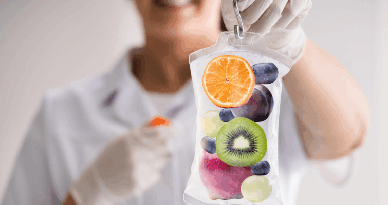 A woman holding a bag of assorted fruits, symbolizing health and wellness in the context of IV therapy discussions.