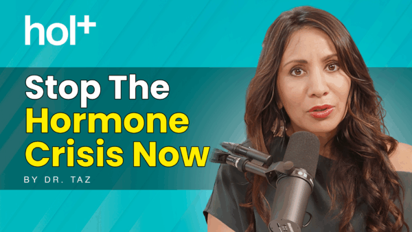 Dr Taz talking into podcast microphone about hormone crisis