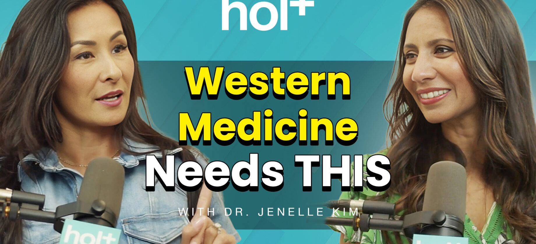 dr jenelle kim and dr taz talking into hol+ podcast mics about what western medicine is missing that eastern medicine focuses on