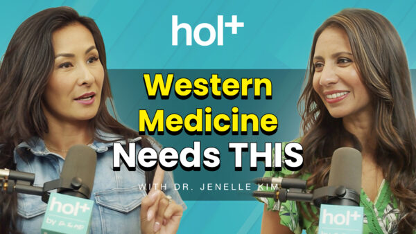 dr jenelle kim and dr taz talking into hol+ podcast mics about what western medicine is missing that eastern medicine focuses on