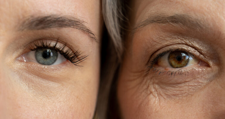 a close-up of a woman's eye aging showing the importance of mitochondria in the aging process