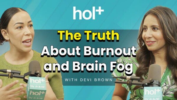 Dr Taz ad Demi Brown talking into podcast microphones about burnout and brain fog and how to heal