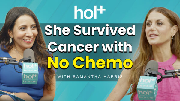 samantha harris and Dr taz talking into hol+ podcast microphones about samantha's breast cancer journey