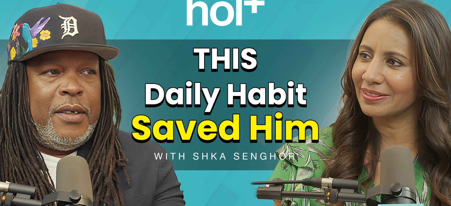 Shaka Senghor and Dr Taz talking into hol+ podcast mics about daily habits