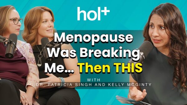 Podcast recording with three women and microphones, text overlay reads: "Menopause Was Breaking Me... Then THIS" with hosts Dr. Patricia Singh and Kelly McGinty