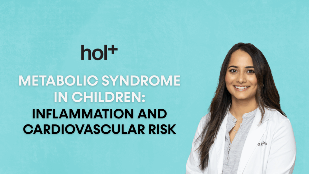 A woman in a white lab coat smiles in front of a light blue background while presenting text about metabolic syndrome in children.