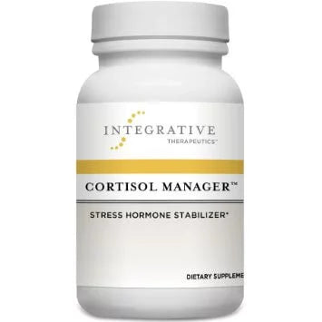 White supplement bottle labeled "CORTISOL MANAGER" with a yellow stripe, designed for stress hormone stabilization.