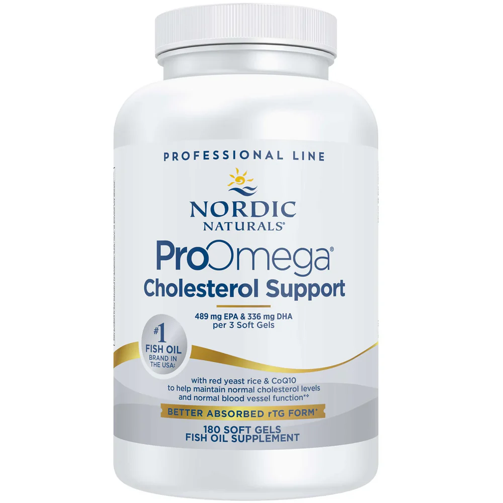 White bottle of fish oil supplement with a silver cap, labeled "ProOmega Cholesterol Support" and displaying nutritional information.