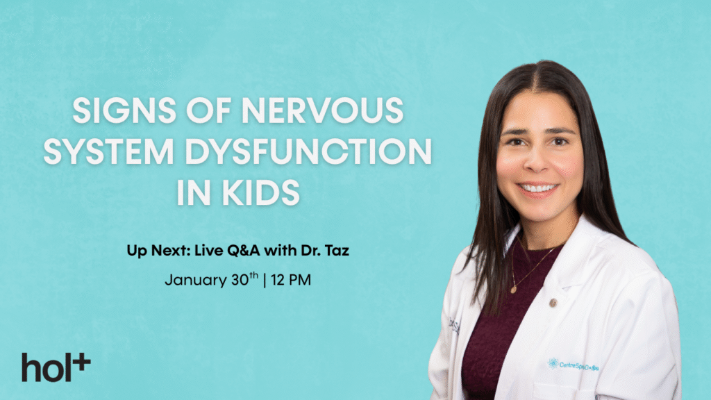 A woman in a white lab coat smiles against a light blue background, promoting a discussion on signs of nervous system dysfunction in kids.
