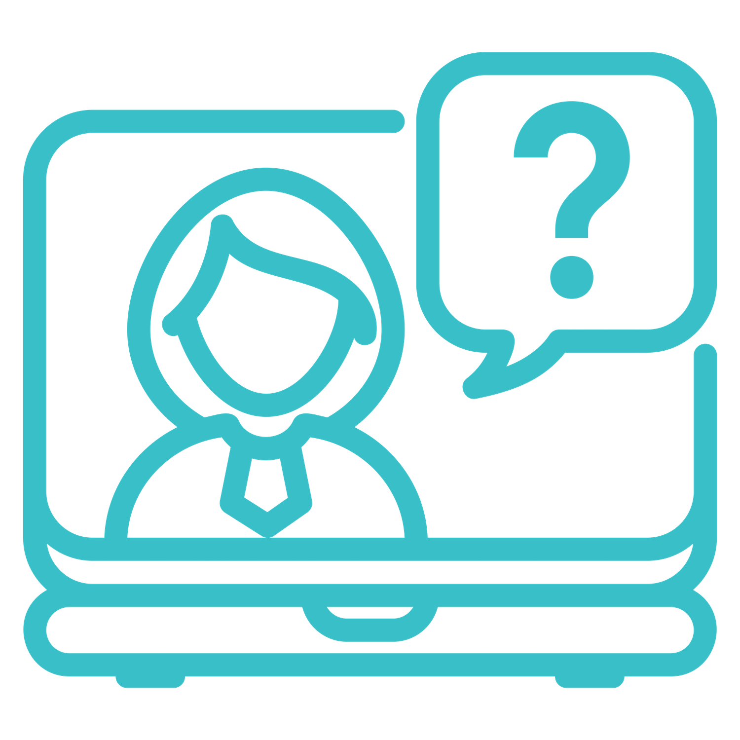 A person on a laptop with a question mark in a speech bubble.
