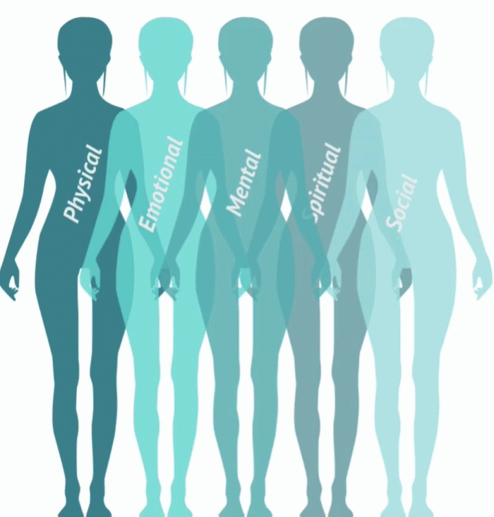 Five overlapping silhouettes representing Physical, Emotional, Mental, Spiritual, and Social well-being.
